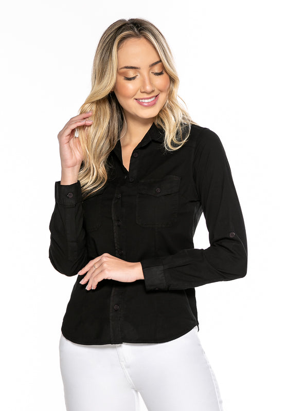 Camisa Feminina Tricoline com Elastano Manga Longa - www.latifundio.com.br