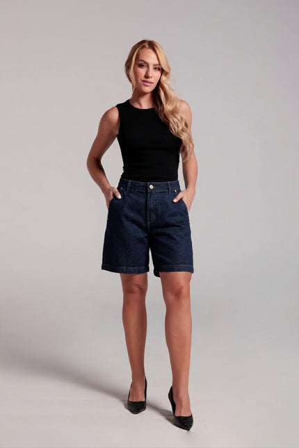 Bermuda Feminina Meia Coxa - Jeans Escuro
