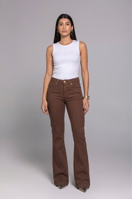 Calça Feminina Tradicional Alta Flare - Marrom