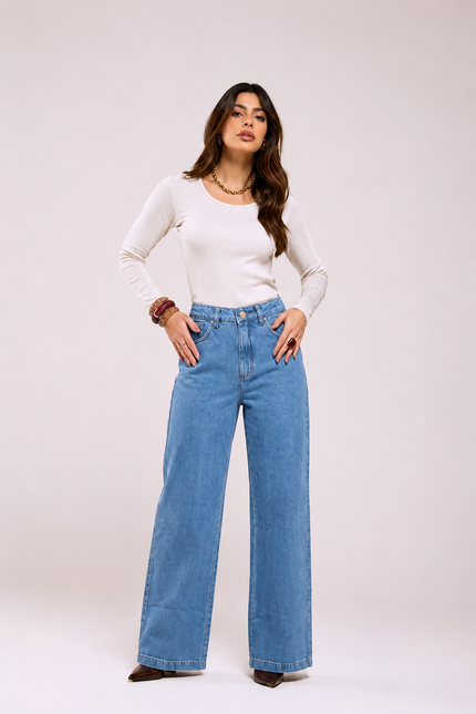 Calça Feminina Wide Stone - Jeans Claro