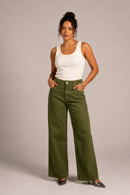 Calça Feminina Wide Pantalona - Verde Militar - www.latifundio.com.br