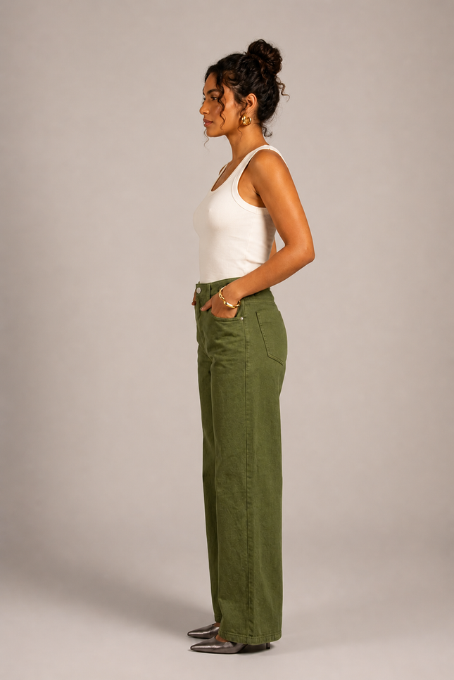 Calça Feminina Wide Pantalona - Verde Militar - www.latifundio.com.br