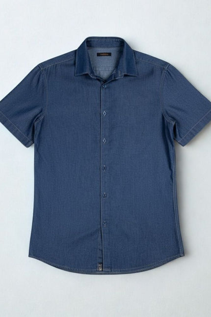 Camisa Jeans Masculina Slim Manga Curta – Jeans Médio - www.latifundio.com.br