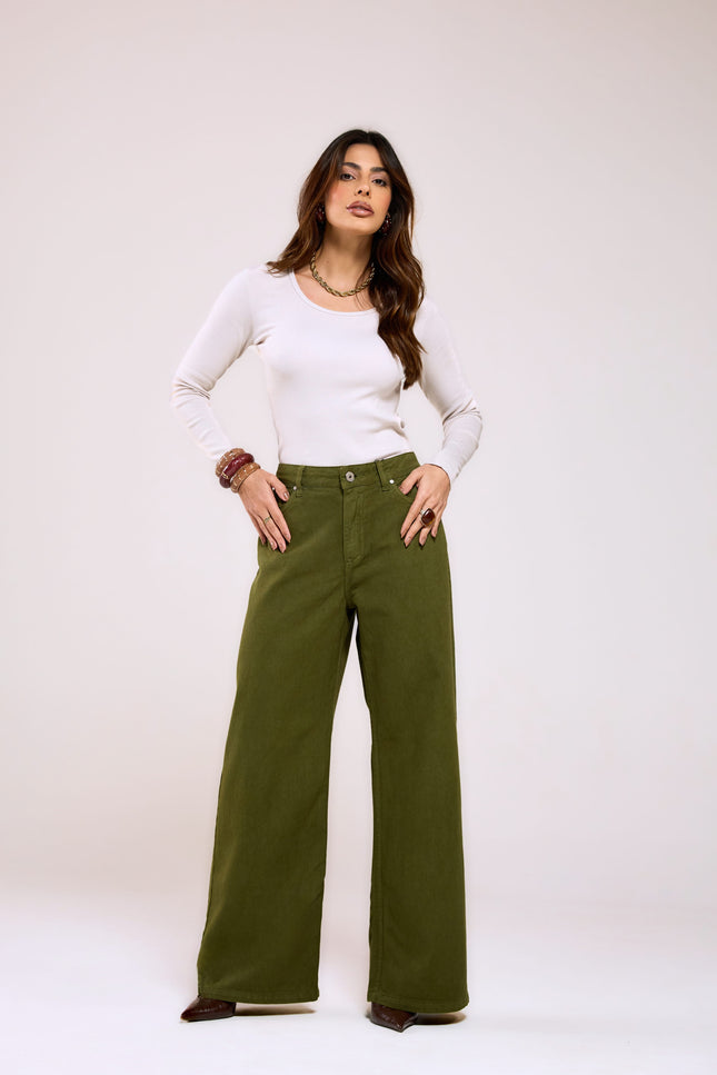Calça Feminina Wide Pantalona - Verde Militar - www.latifundio.com.br