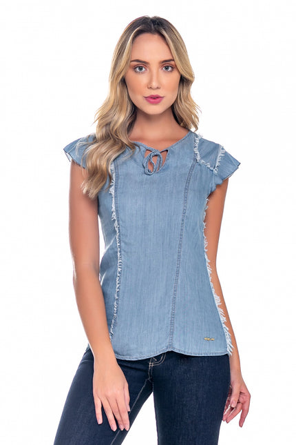 Blusa Feminina Latifundio Manga Curta Jeans Claro - www.latifundio.com.br