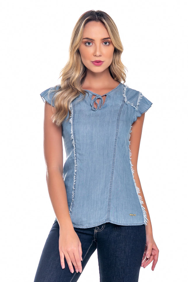 Blusa Feminina Latifundio Manga Curta Jeans Claro - www.latifundio.com.br