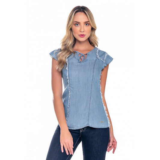 Blusa Feminina Latifundio Manga Curta Jeans Claro - www.latifundio.com.br