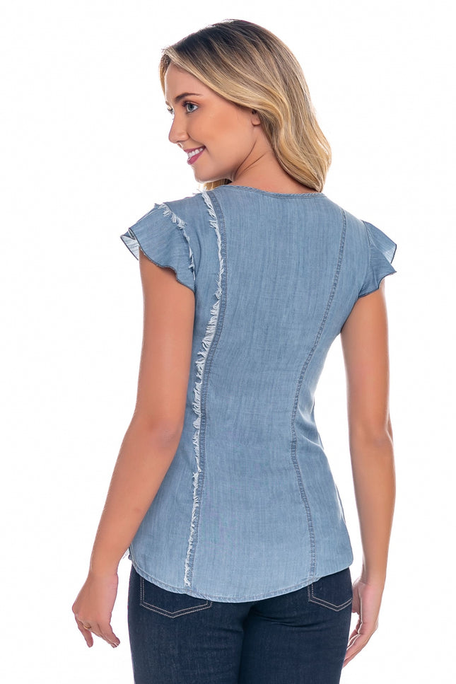 Blusa Feminina Latifundio Manga Curta Jeans Claro - www.latifundio.com.br