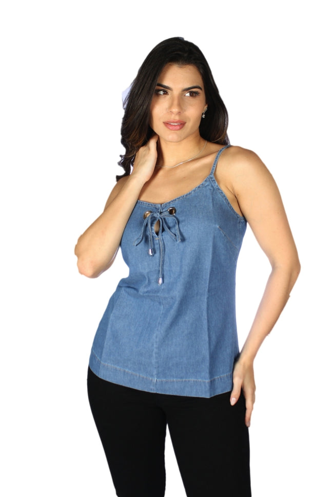 Blusa Jeans Feminina com Laço e Ilhós - www.latifundio.com.br