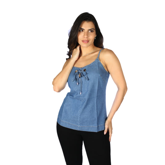 Blusa Jeans Feminina com Laço e Ilhós - www.latifundio.com.br