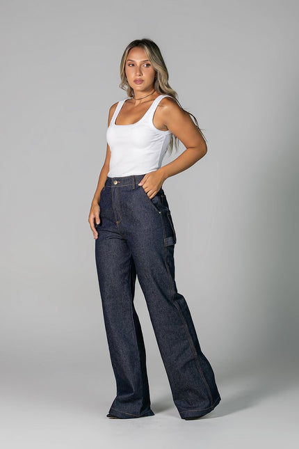 Calça Feminina Alta Wide Leg - Jeans Escuro