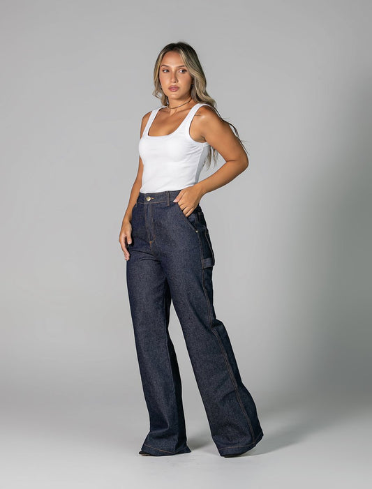 Calça Feminina Alta Wide Leg - Jeans Escuro