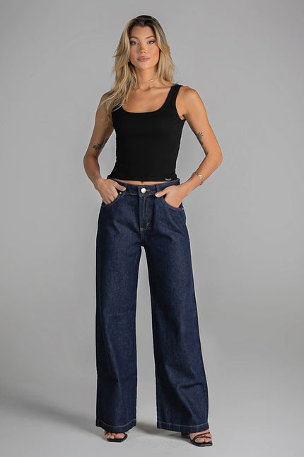 Calça Feminina Pantalona em Jeans Amaciado