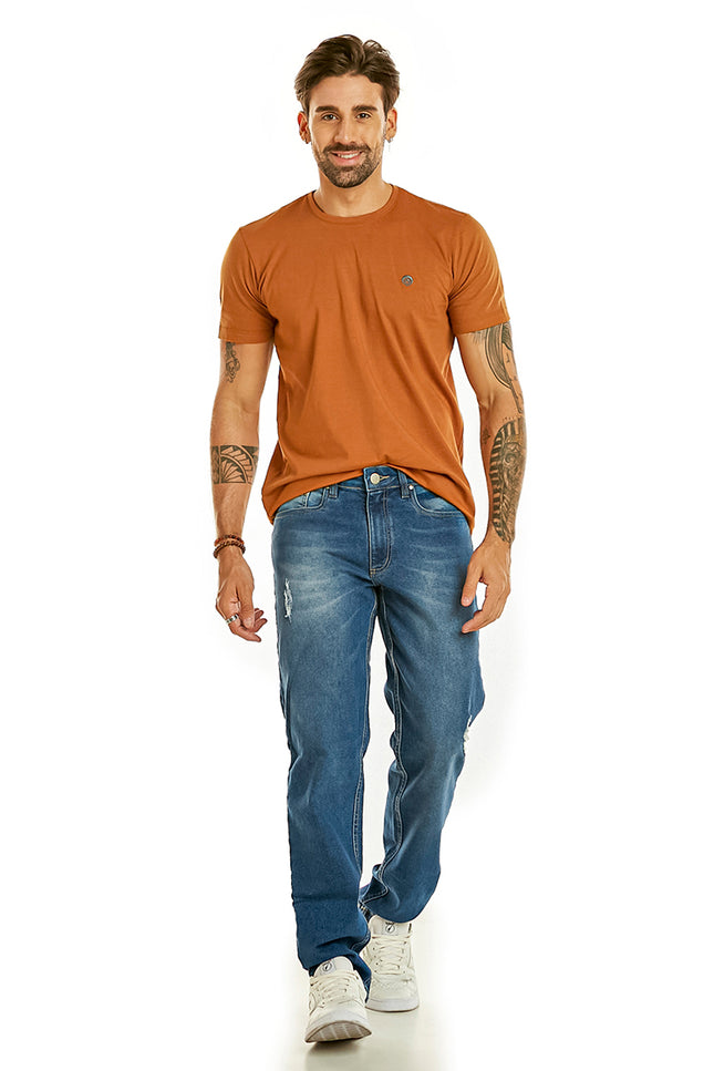 Calça Masculina Jeans Reta com Puídos