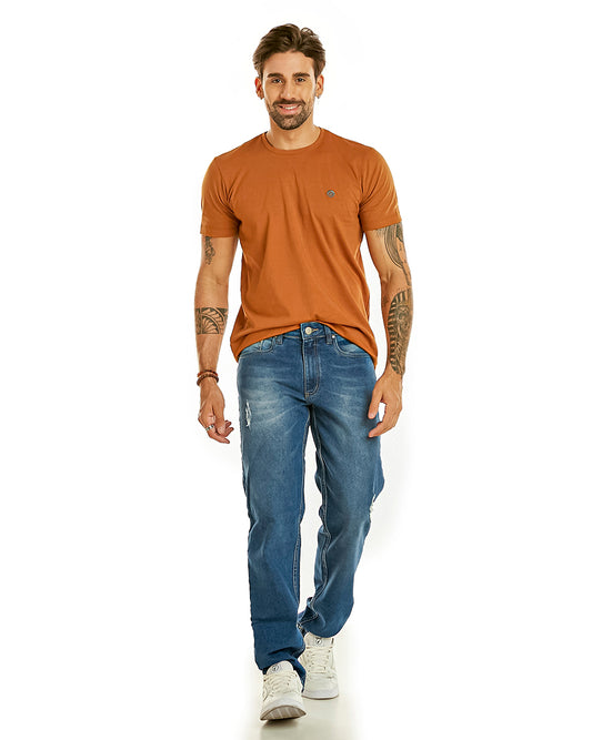 Calça Masculina Jeans Reta com Puídos