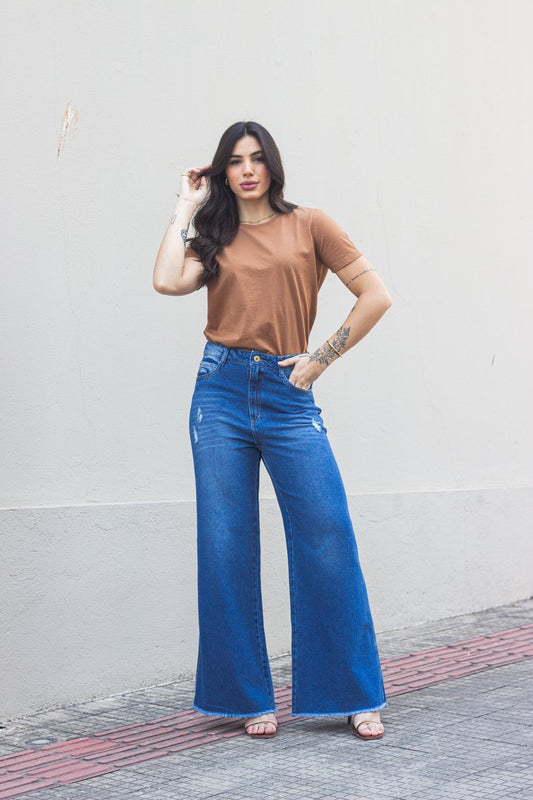 Calça Wide Leg Jeans com Puído