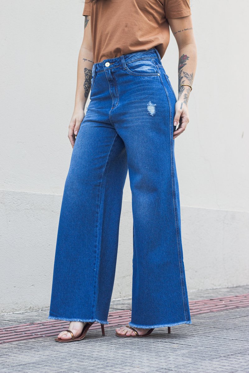 Calça Wide Leg Jeans com Puído