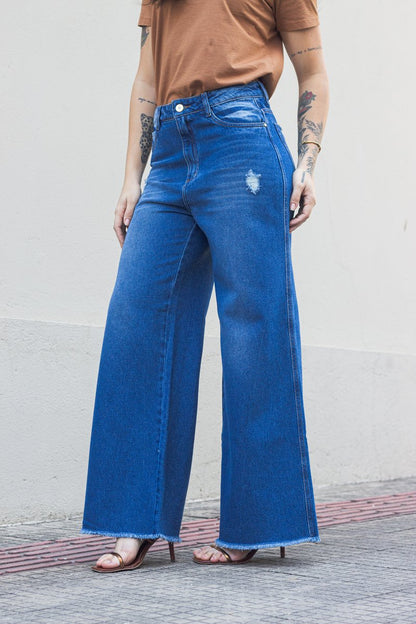 Calça Wide Leg Jeans com Puído