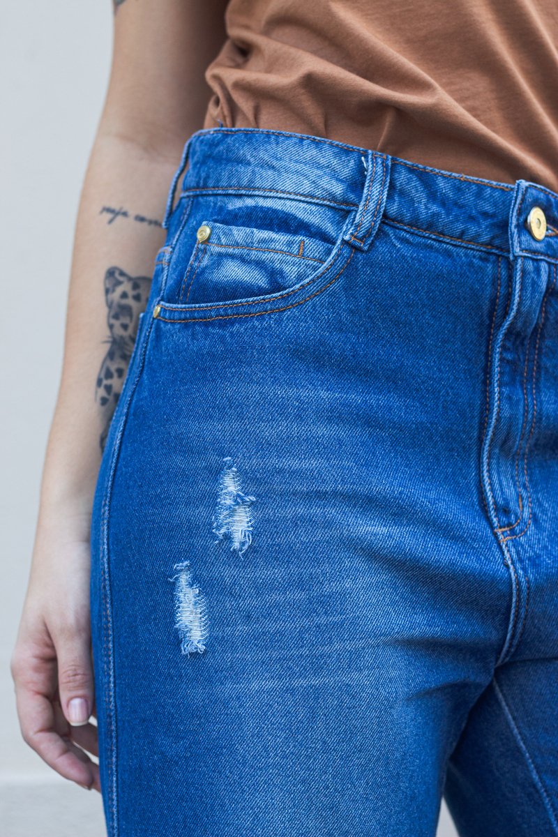 Calça Wide Leg Jeans com Puído