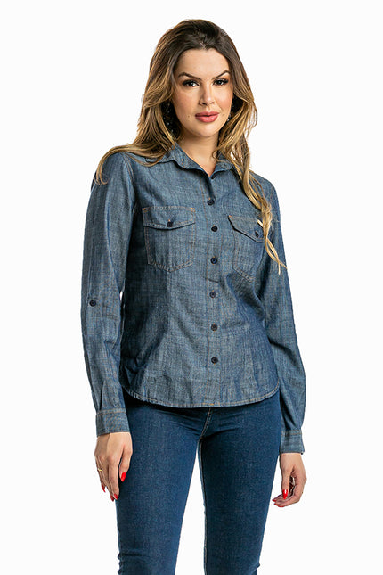 Camisa Feminina Jeans Manga Longa - www.latifundio.com.br
