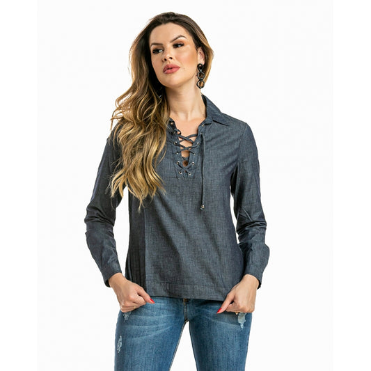 Camisa Feminina Jeans Manga Longa - www.latifundio.com.br