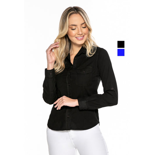 Camisa Feminina Tricoline com Elastano Manga Longa - www.latifundio.com.br