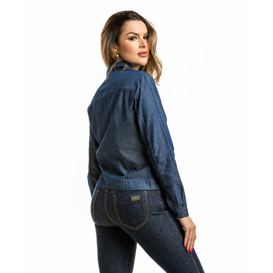 Camisa Jeans Escuro Manga Longa