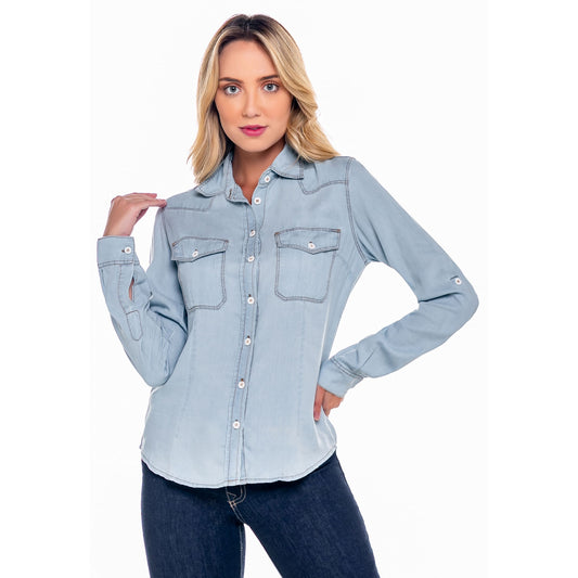 Camisa Jeans Feminina Manga Longa