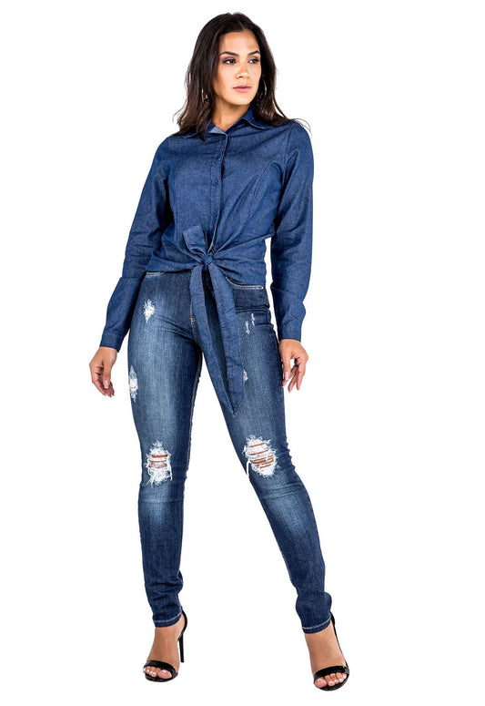 Camisa Jeans Feminina Manga Longa com Amarração - www.latifundio.com.br