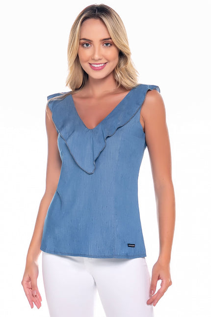 Regata Feminina Jeans Babado Azul - www.latifundio.com.br