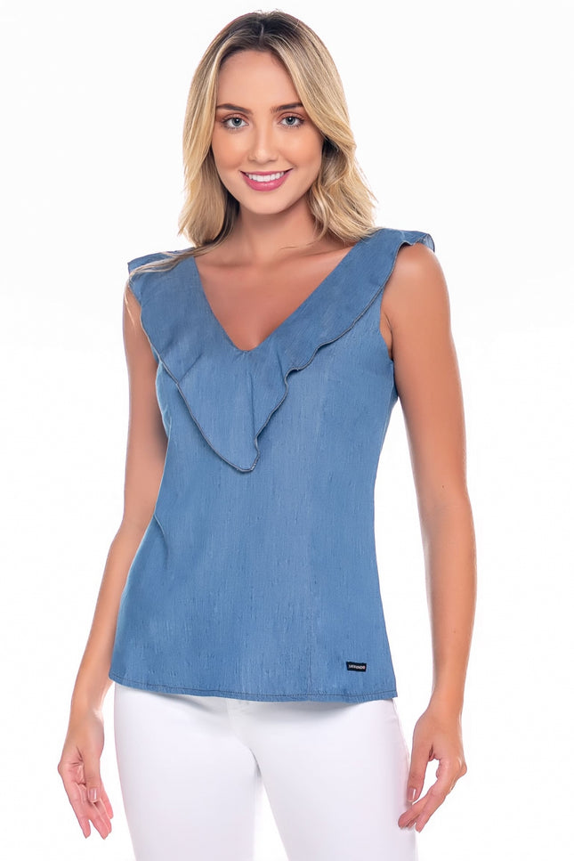 Regata Feminina Jeans Babado Azul - www.latifundio.com.br