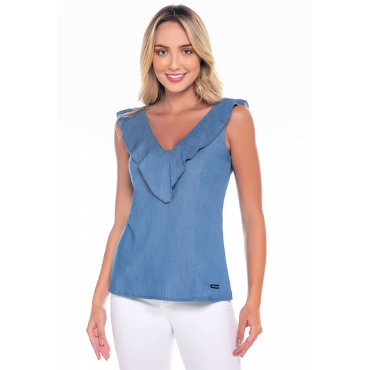 Regata Feminina Jeans Babado Azul - www.latifundio.com.br