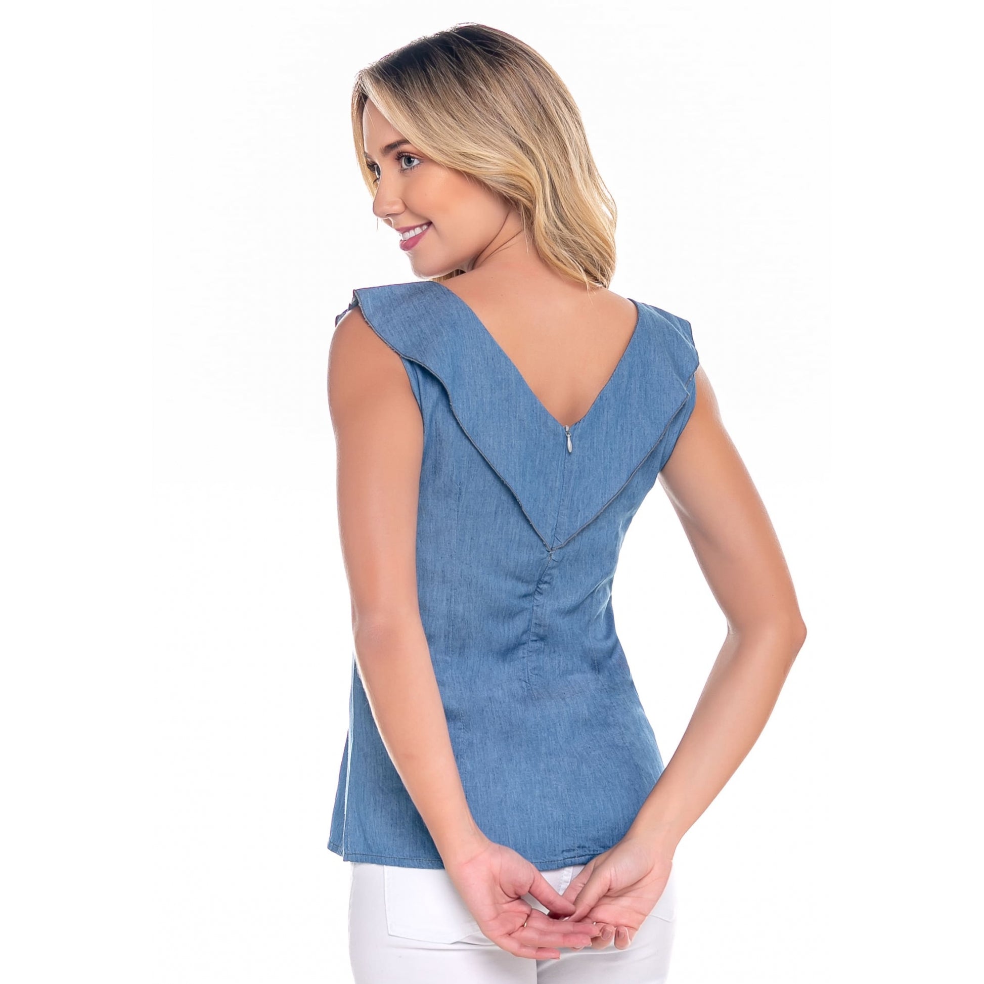 Regata Feminina Jeans Babado Azul - www.latifundio.com.br