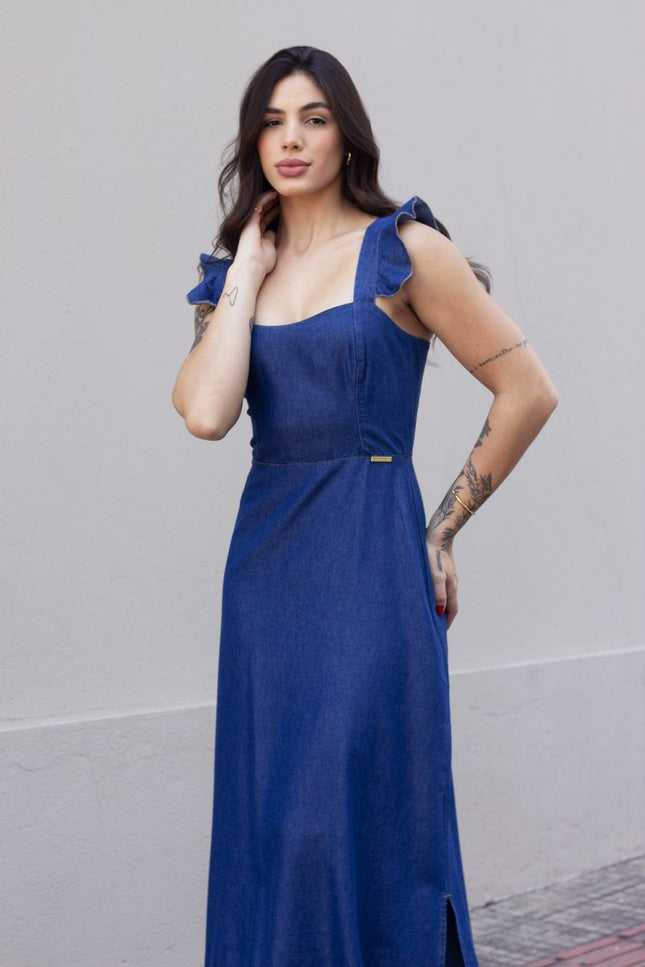 Vestido Longo Babado Ombro