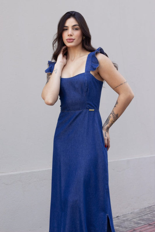 Vestido Longo Babado Ombro