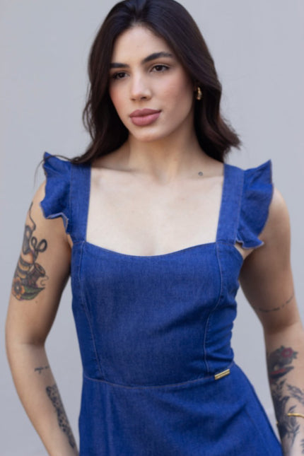 Vestido Longo Babado Ombro